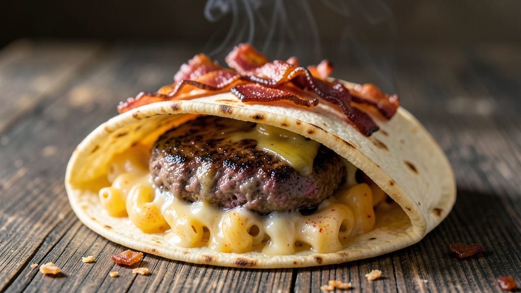 Bacon Mac and Cheese Burger Wrap Recipe: Smoky, Crispy, and Cheesy Handheld Feast