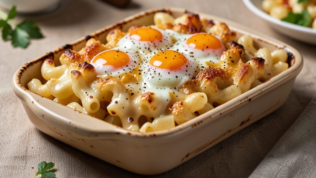 Baked Macaroni and Cheese Recipe with Eggs and Milk: Breakfast Casserole Crunch With Golden Top