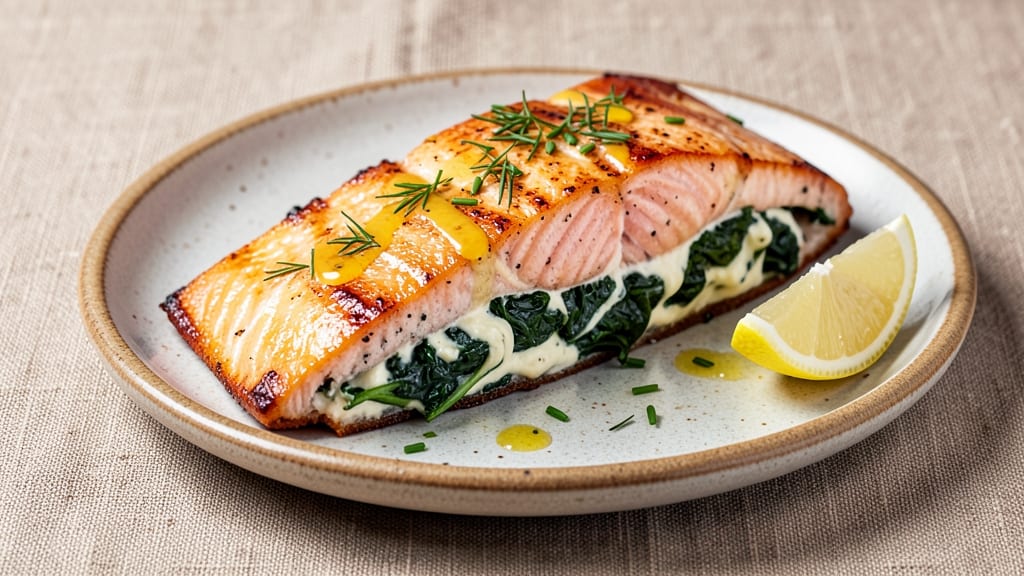 Baked Salmon Stuffed With Spinach and Cream Cheese Recipe: Flaky Fish With Herbed Cream Cheese Center