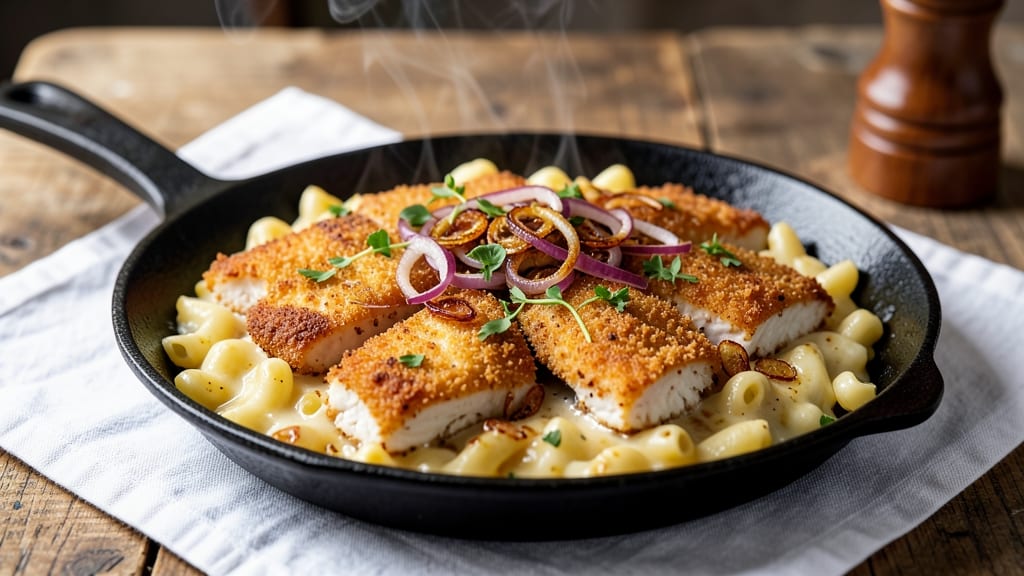 Bed Stuy Fish Fry Mac and Cheese Recipe: Crispy Beer-Battered Fish Over Gooey Cheese Rivers