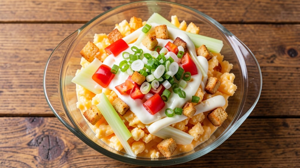 Aunt Myrna's Party Cheese Salad Recipe: Crispy Croutons and Tangy Dressing Fusion