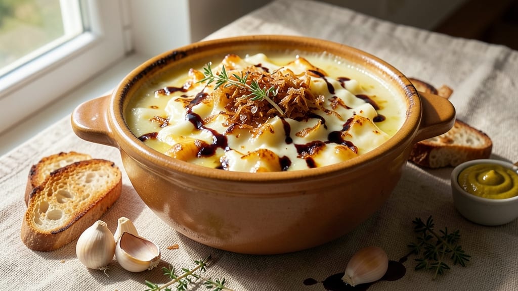 Baked Cheese Fondue Recipe: Crispy Bread Top With Pull-Apart Cheese Rivers