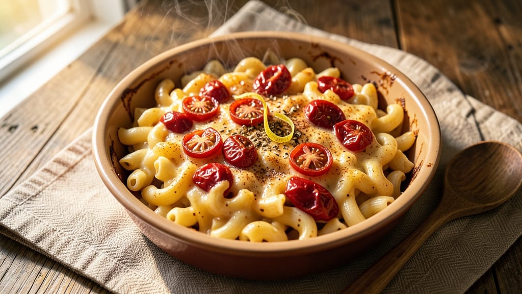 Baked Macaroni and Cheese With Stewed Tomatoes Recipe: Tomato-Infused Crispy Top and Gooey Pulls