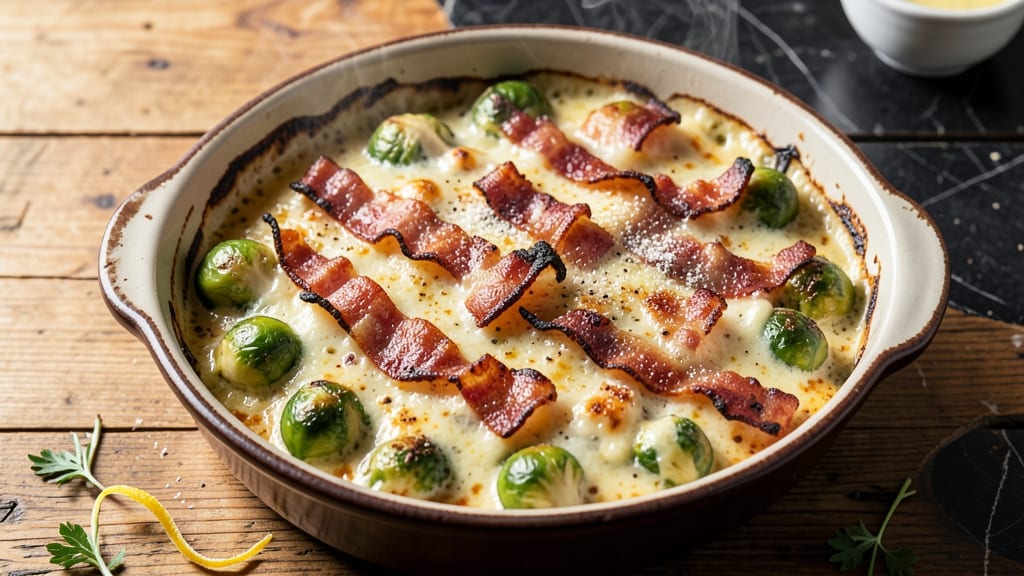 Bacon Cheese Brussels Sprouts Casserole Recipe: Crispy Top, Gooey Cheese, Smoky Bacon Layers