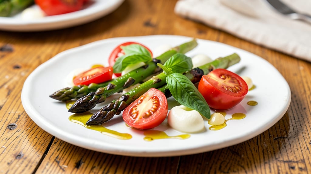 Asparagus Tomato Cheese Recipe: Blistered Greens and Bubbly Melty Top